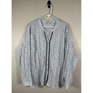 Coldwater Creek Top Womens 3X White Blue Floral Button Up Embroidered Roll Tab